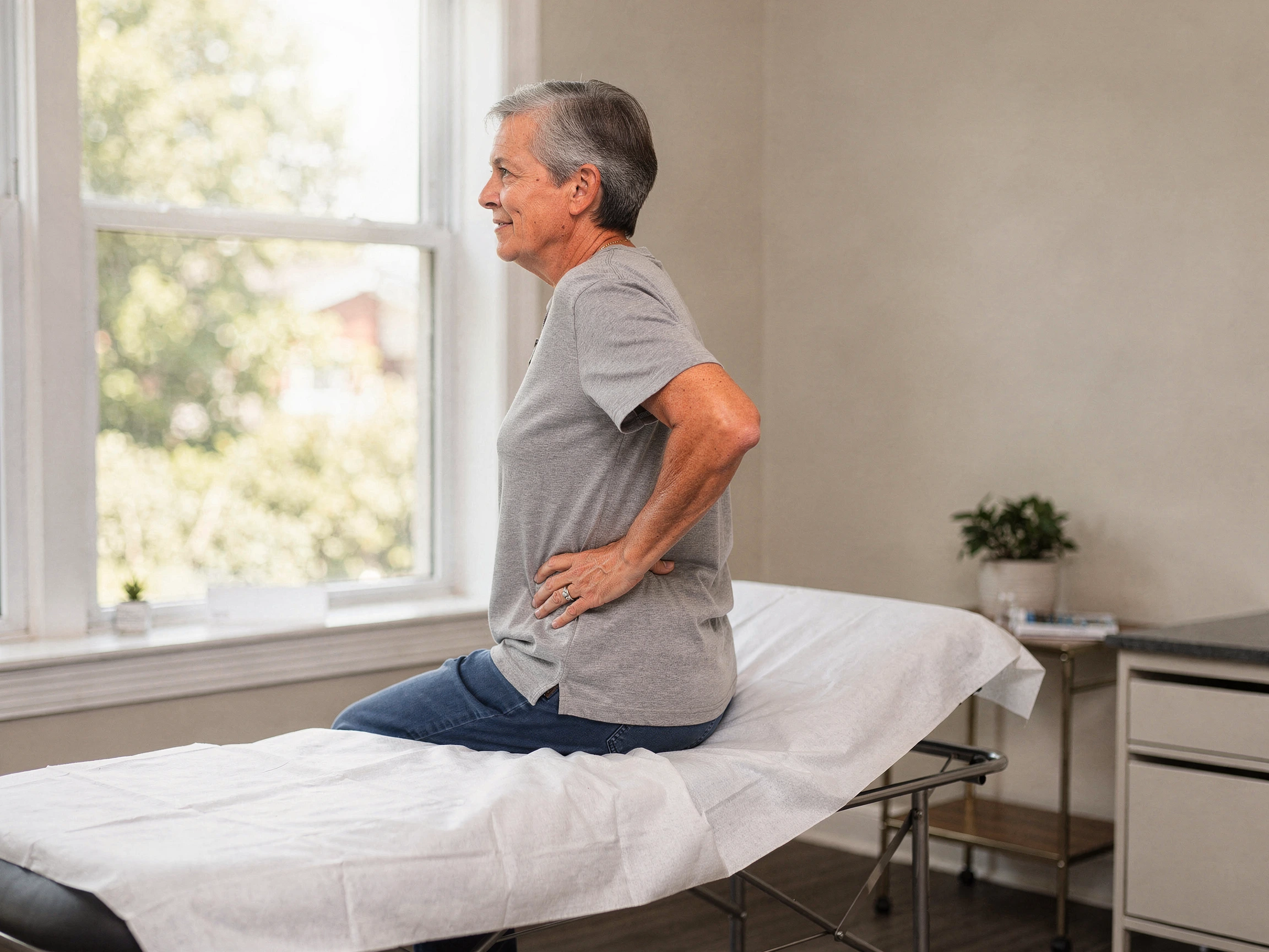 Middle-aged man sitting on examination table holding lower back in pain